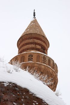 Main dome and minaret of Ishak Pasha Palace. It is an 18th century complex located near Mount Ararat in the Dogubayazit district of Agri province of Turkey.