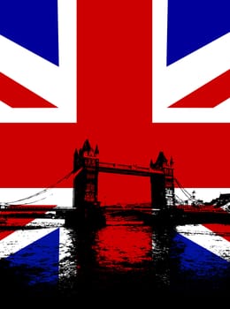 Tower Bridge in London with the UK flag.
