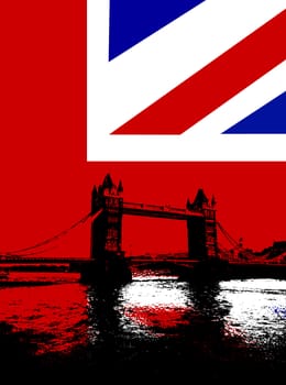 Tower Bridge in London with the UK flag.