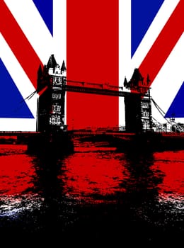 Tower Bridge in London with the UK flag.