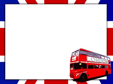 London Routemaster bus a UK flag with blank sign.
