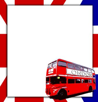 London Routemaster bus a UK flag with blank sign.
