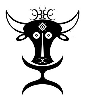 a monochrome stylised design of an african buffalo idol