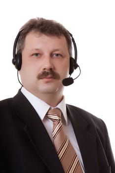 men in headphones on a white background