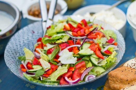 Photograph of a salad bowl placed on a picnic table.