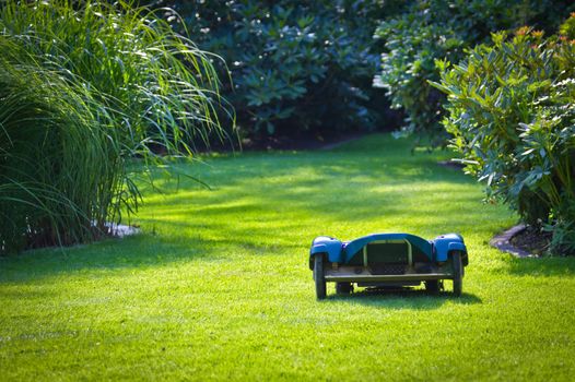 Photograph of a robotic lawn mower, working the garden grass