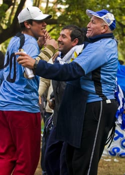 Montevideo - June 26 2010 : Urugayan funs celebrating the first quarterfinals in 40 years after beating South Korea on 2010 world cup