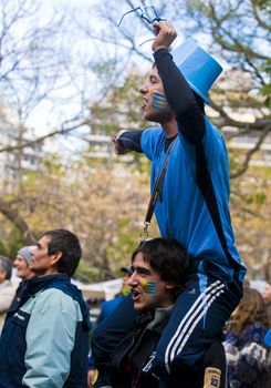 Montevideo - June 26 2010 : Urugayan funs celebrating the first quarterfinals in 40 years after beating South Korea on 2010 world cup