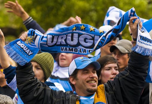 Montevideo - June 26 2010 : Urugayan funs celebrating the first quarterfinals in 40 years after beating South Korea on 2010 world cup