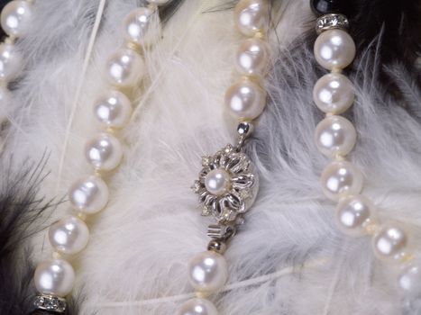 detail of pearl necklace on black and white feathers