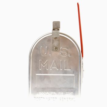 Shiny silver metal mailbox with flag up.