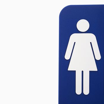 Women restroom sign logo on blue against white background.