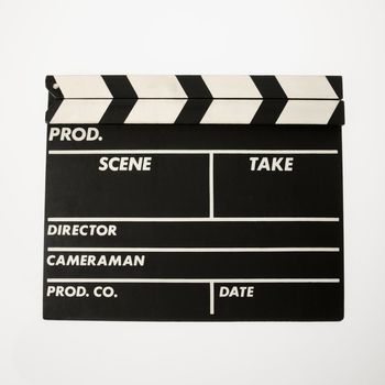 Movie scene clapboard with blank copy space against white background.