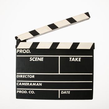 Movie scene clapboard with blank copy space against white background.