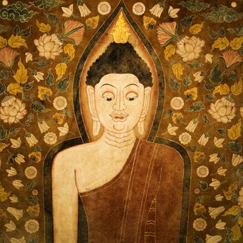 Buddha on old temple cotton scroll from Thailand.