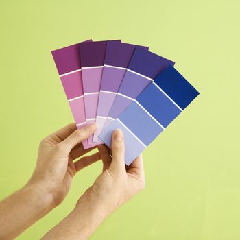 Caucasian female hands holding paint color samples.