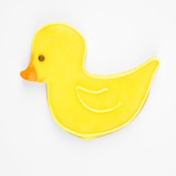 Sugar cookie in shape of duck with decorative icing.