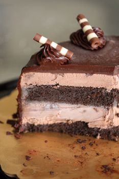 Close up of a chocolate cake on a plate.