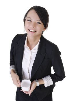 Happy smiling business woman with cup of drink, closeup portrait on white background.