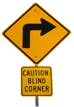 Yellow blind corner turning warning sign on a biking trail isolated on white