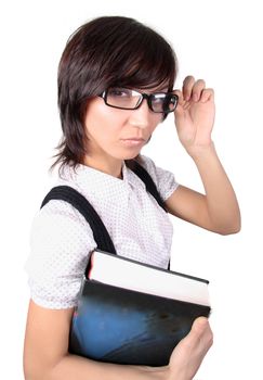 attractive student with big book isolated over white