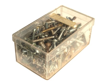 Industrial steel hardware bolts, nuts, screws in a box
