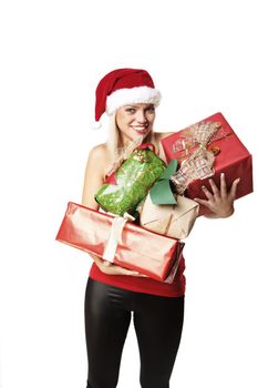 Portrait Of A Beautiful Blond Girl Holding A Lot Of Presents