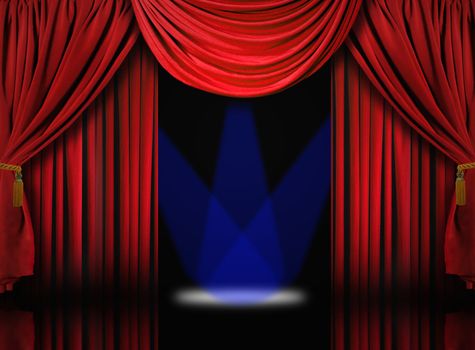 Beautiful Red Velvet Theater Stage Drape Curtains With Blue Spotlights