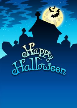 Happy Halloween sign with cemetery - color illustration.