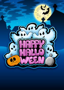 Happy Halloween sign with ghosts - color illustration.
