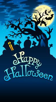 Happy Halloween sign with tree - color illustration.