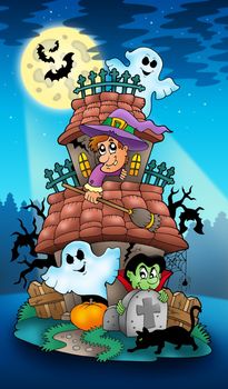 House with Halloween characters - color illustration.