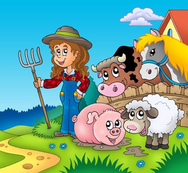 Country girl with farm animals - color illustration.