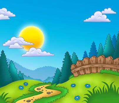 Country landscape with Sun - color illustration.