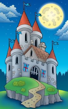 Night view on big castle on hill - color illustration.