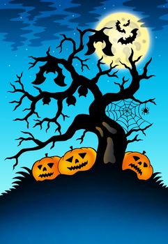Spooky tree with bats and pumpkins - color illustration.