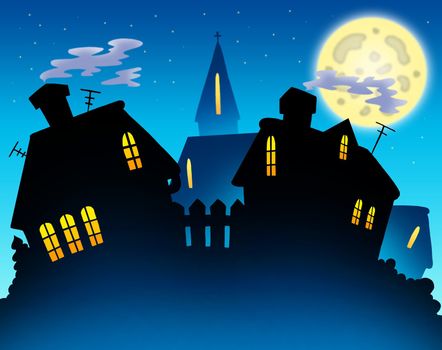 Village skyline night silhouette - color illustration.