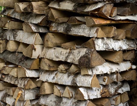 Closeup shot of woodpile of birch fire wood.