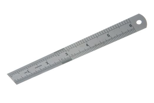 A stainless steel ruler isolated against a white background