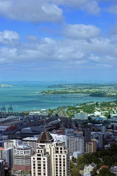 High buildings in Auckland on a background of harbour