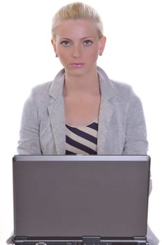 Beauty woman sits with a laptop