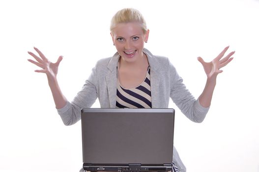 A young lady with a computer on white background.