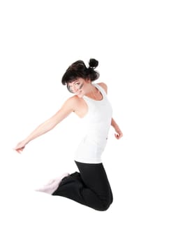 Shoot of jumping fitness instructor isolated on white