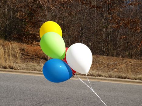 Five balloons in the wind on the road