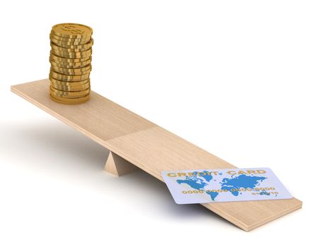 Credit card and coins on scales. Isolated 3D image