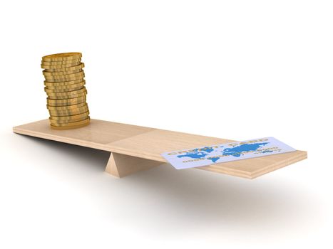 Credit card and coins on scales. Isolated 3D image