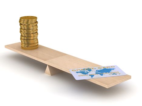 Credit card and coins on scales. Isolated 3D image