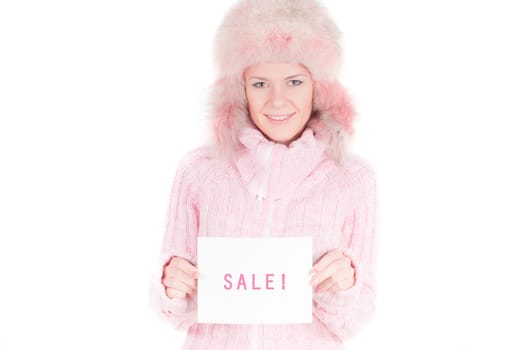 Beautiful woman in pink fur hat, isolated on white