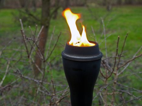 Burning Tiki Torch fire flame with blurred garden background