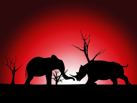 Elephant and Rhino silhouette against a wild landscape.